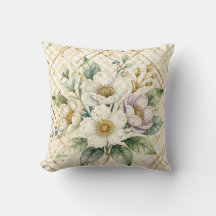 Elegant Off White Flowers, Gold Lattice Pattern