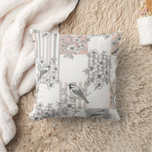 Coussin Élégant Oiseau Floral Rayure Pêche (7)