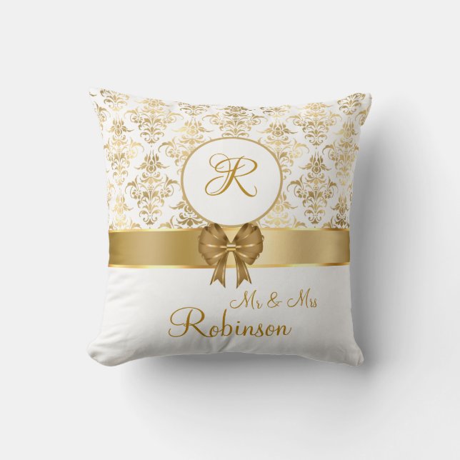 Coussin Elégant or Damask Monogram Mariage Cadeau (Recto)