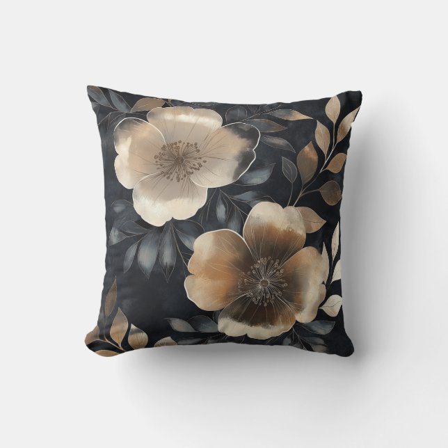 Coussin Élégant or floral sur noir (Recto)