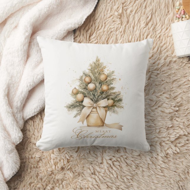 Coussin Elégant or Joyeux arbre de Noël Aquarelle (Couverture)
