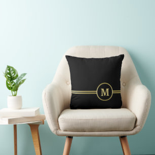Coussin Élégant or Monogramme personnalisé sur noir