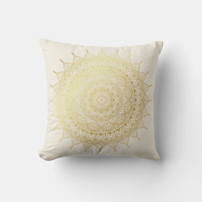 Coussin Elégant or sur Crème Floral Henna Mandala (Recto)