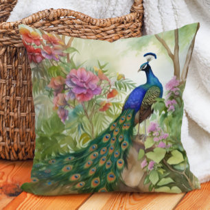 Coussin Élégant Paon Bleu Vert Fleurs Roses Forêt