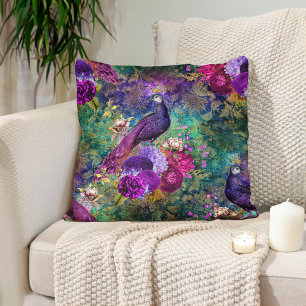 Coussin Élégant Paon Floral Violet Turquoise