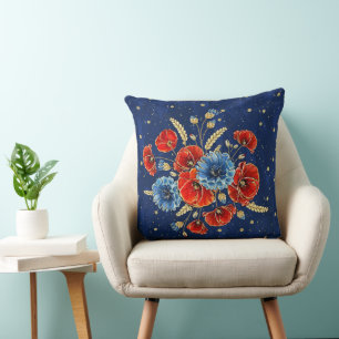 Coussin Élégant Papiers de souvenir bleu, rouge et or