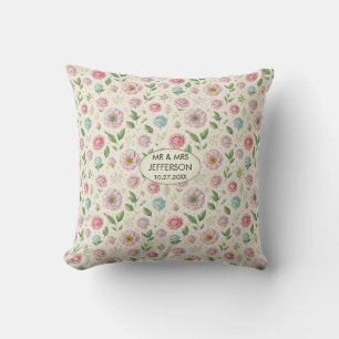 Coussin Élégant Pastel Floral Customisé Nom du Mariage Dat