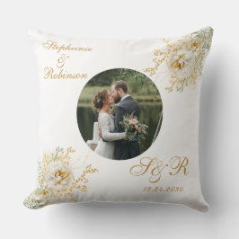 Coussin Élégant Photo Or Blanc Floral Mariage