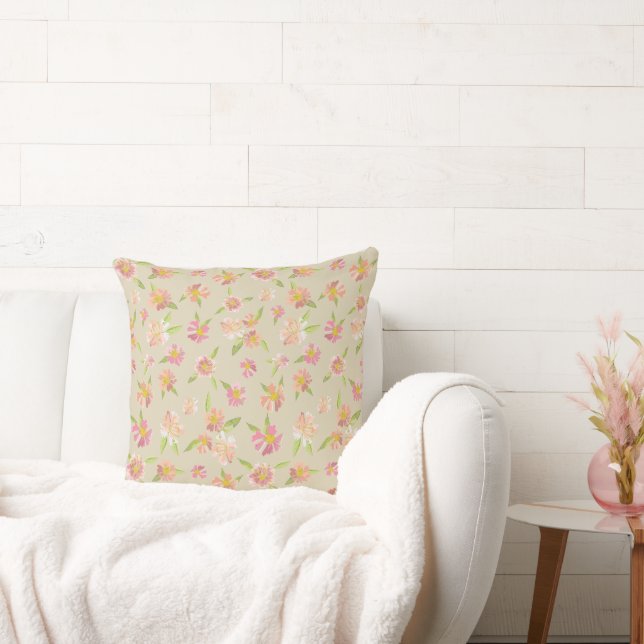 Coussin Élégant Pink Floral Motif Beige (Canapé)