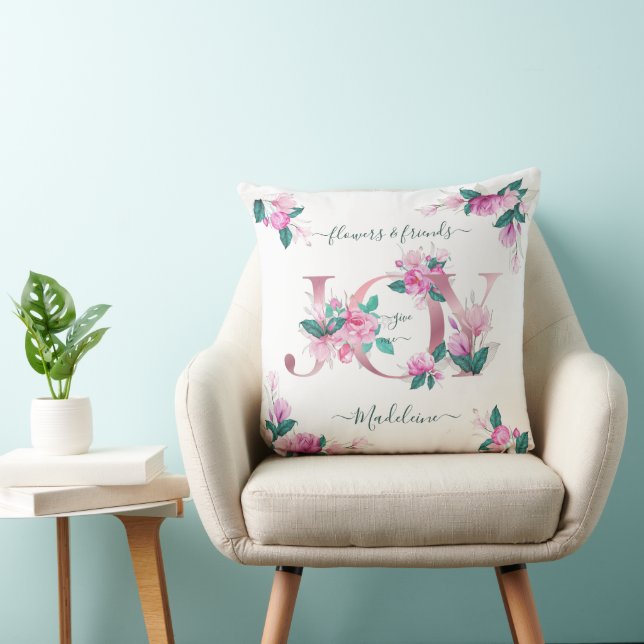Coussin Elégant Pink Peonies Aquarelle Joy Lettres (Chaise)
