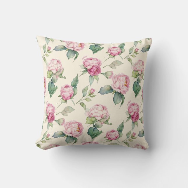 Coussin Elegant pink watercolor florals peonies roses (Recto)