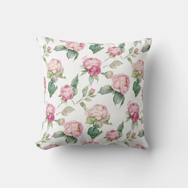 Coussin Elegant pink watercolor florals peonies roses (Recto)