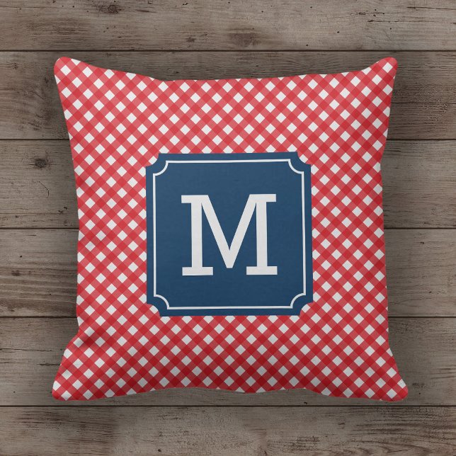 Coussin Élégant Pique-nique Rouge En vichy Nom Monogramme (Créateur téléchargé)