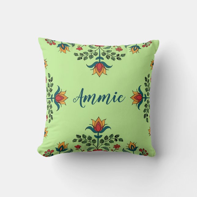 Coussin Élégant Pistachio Green Floral Nom personnalisé (Recto)