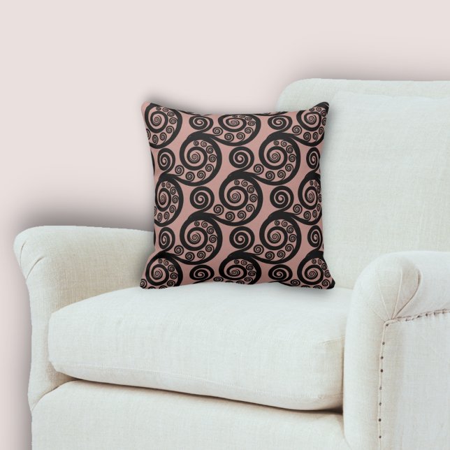 Coussin Élégant rose et noir Motif de boucles frond de fou (Elegant Pink & Black Fern Frond Curls Pattern Throw Pillow, Living & Home)