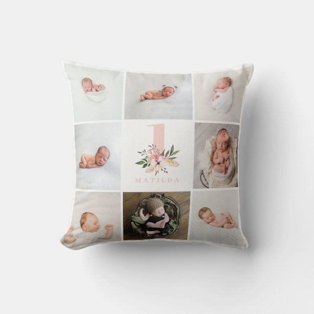 Coussin élégant rose floral anniversaire multi photo (Recto)
