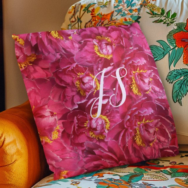 Coussin Élégant rose Peony Stylish Calligraphie Monogramme (Créateur téléchargé)