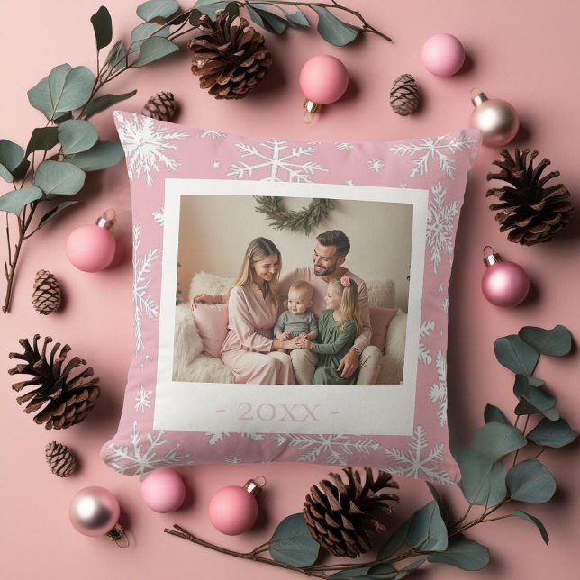 Coussin Elegant rose une photo Snowflakes (Elegant Pink one photo Snowflakes Throw Pillow)