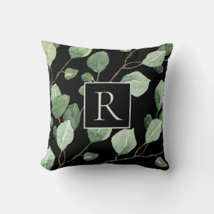 Coussin Élégant Sage Green Monogram Feuilles