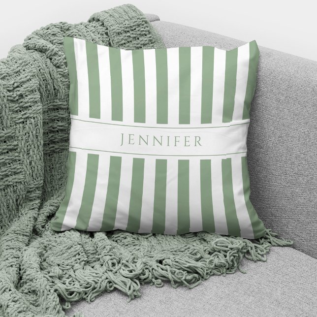 Coussin Elégant Sage Green & White Stripes Nom du Motif (Créateur téléchargé)
