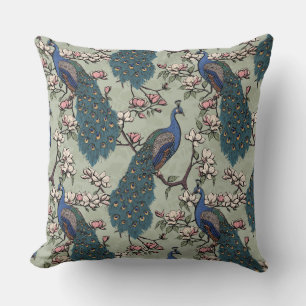 Coussin Elégant Sage Peacocks, Fleurs Magnolia, Branches