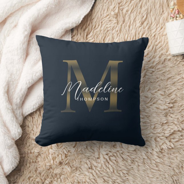Coussin Elegant Script Metallic Navy Blue Gold Monogram (Couverture)