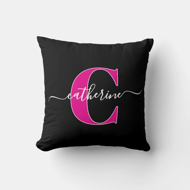 Coussin Elegant Script Minimalist Black Pink Monogram Name (Recto)