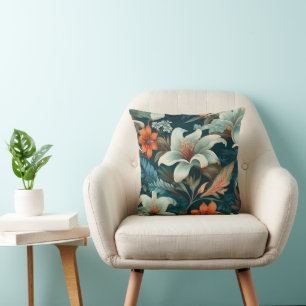 Coussin Élégant Turquoise Orange Flower Motif Floral