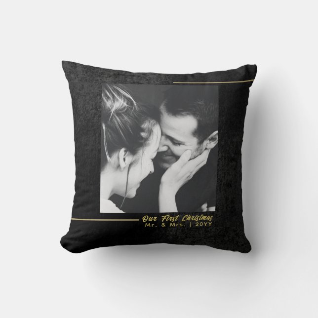 Coussin Elégant Velours Noir Or Premier Noël Marié (Recto)
