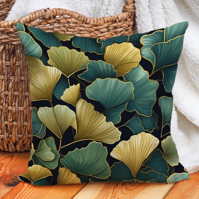 Coussin Élégant Vert Ginko Feuille Noir (Elegant green and gold ginko on black decorator pillow)