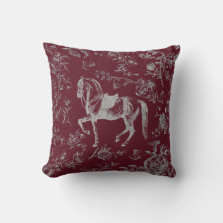 Coussin Elegant Vintage Burgundy Gray Horse Floral Pattern