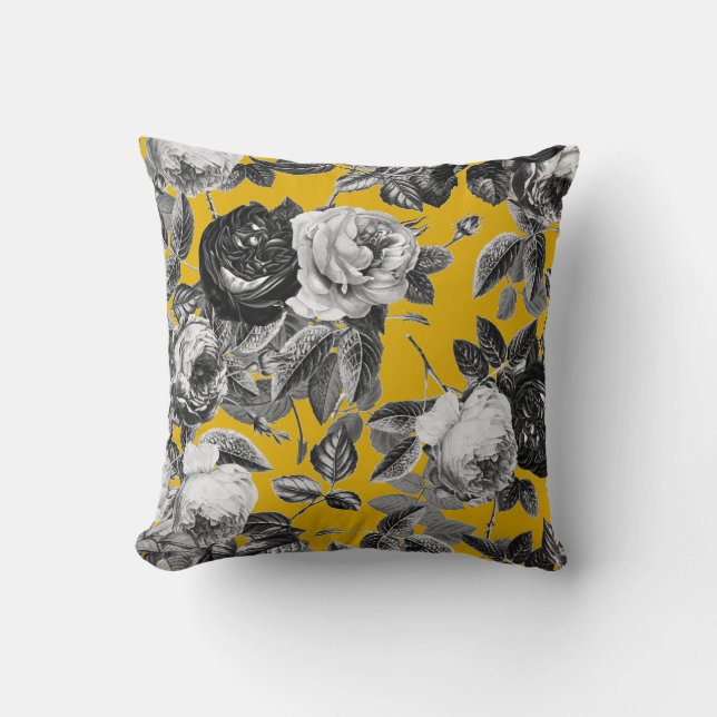 Coussin Elégant Vintage noir blanc Roses moutarde jaune (Recto)