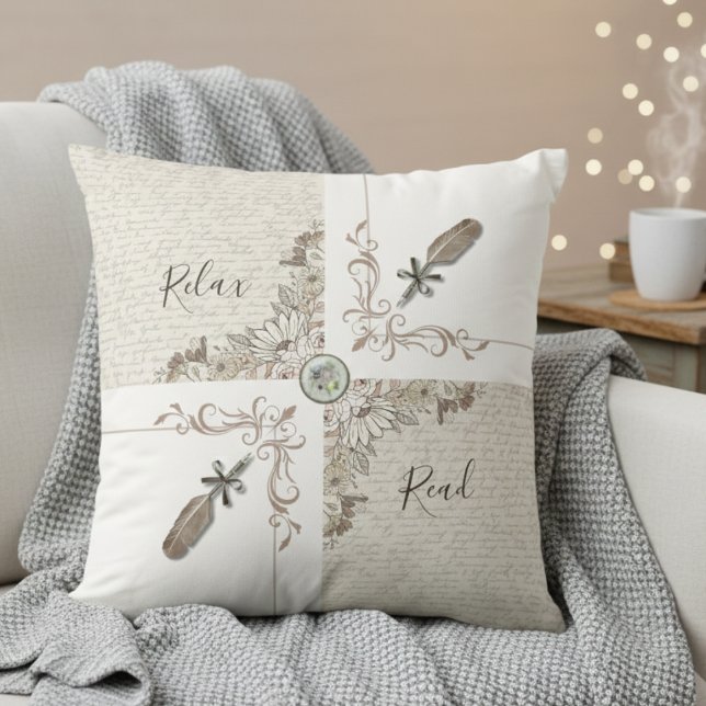 Coussin Elegant White Bookish Quill Home Décor Reading (Cozy up with a unique vintage style home decor throw pillow)
