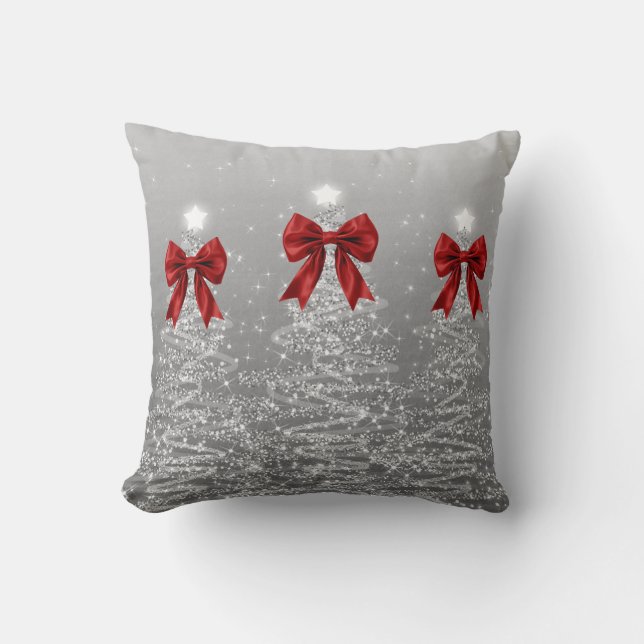 Coussin Elegant Xmas Sparkling Trees Silver Faux Red Bow (Recto)