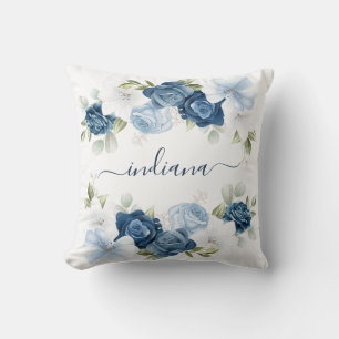 Coussin Elégante aquarelle bleu bleu foncé Monogramme flor
