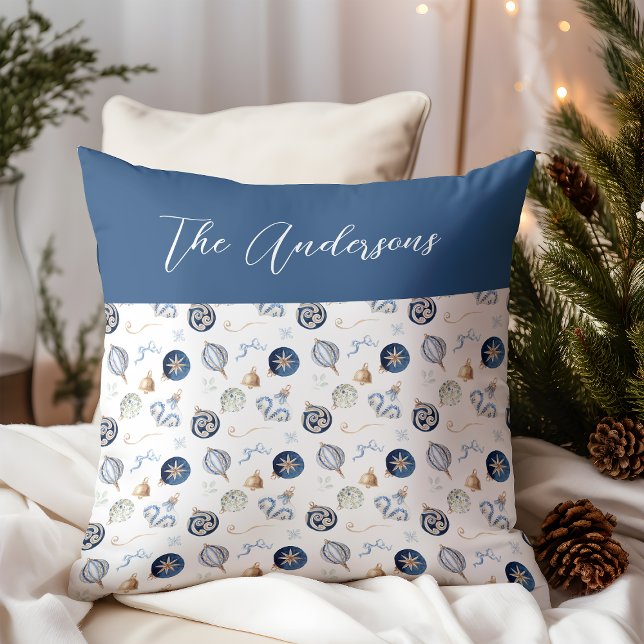 Coussin Elégante aquarelle Bleu ornement Bauble de Noël (Créateur téléchargé)