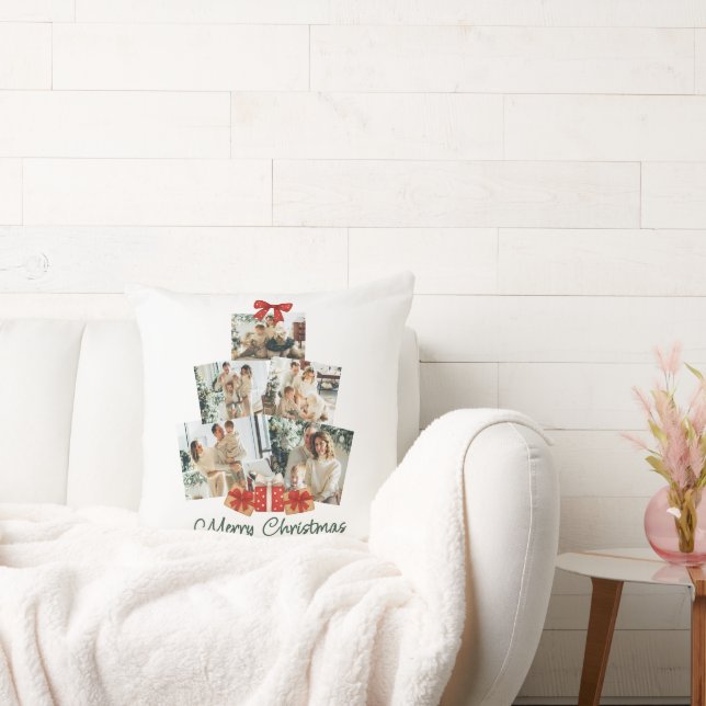 Coussin Elégante aquarelle Bow rouge famille sapin de Noël (Canapé)