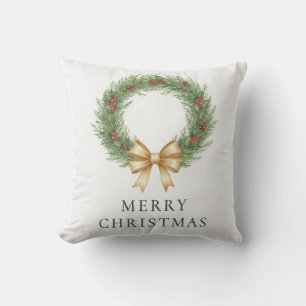 Coussin Elégante aquarelle de Noël couronne et ruban or