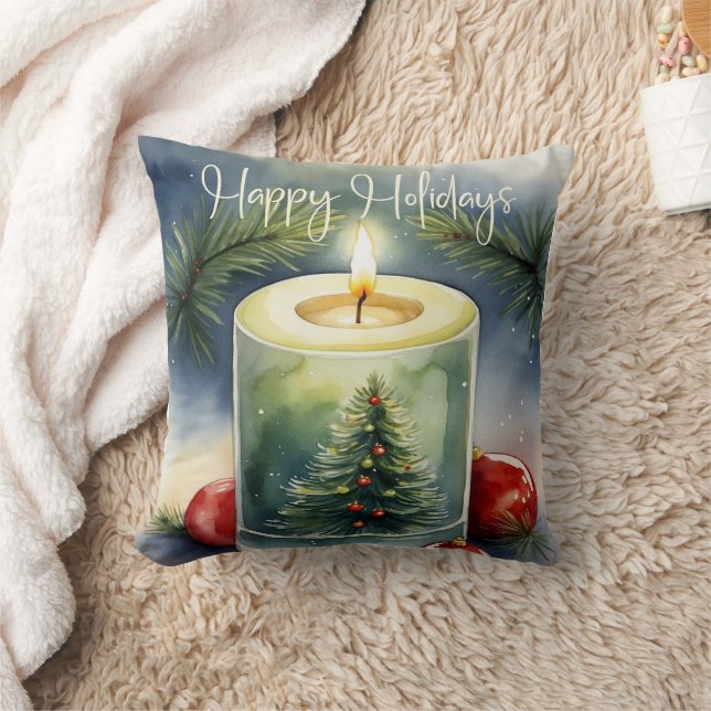Coussin Elégante aquarelle Festive Arbre de Noël Bougie (Couverture)