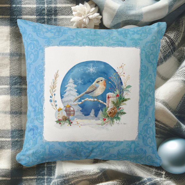 Coussin Elégante aquarelle hiver Neige Oiseau bleu Noël (Créateur téléchargé)