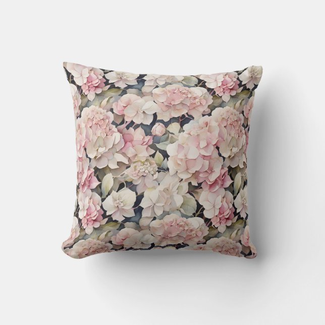 Coussin Elégante aquarelle rose hydrangées florales (Recto)