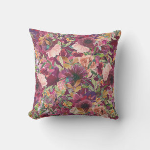 Coussin Elégante Bourgogne bleu rose Aquarelle Florale