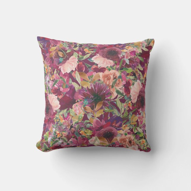 Coussin Elégante Bourgogne bleu rose Aquarelle Florale (Recto)