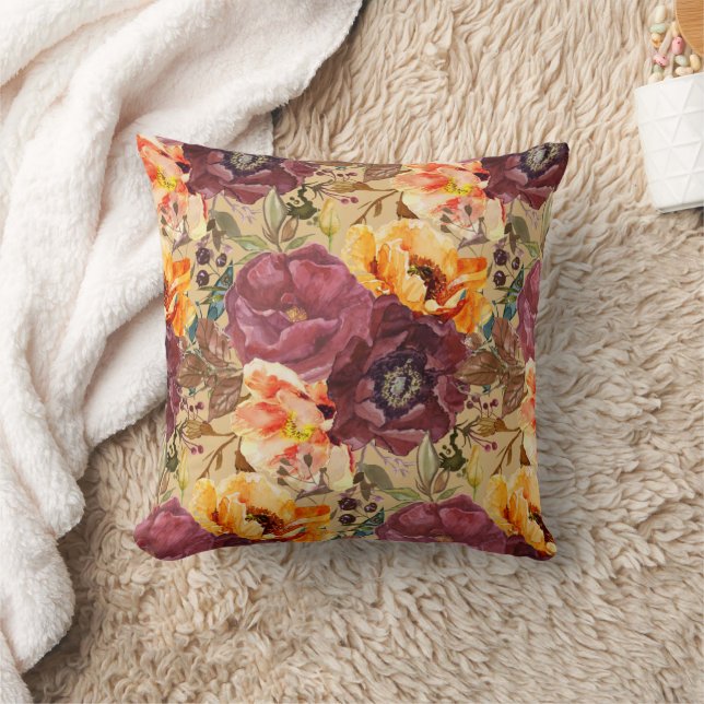Coussin Elégante Bourgogne Orange Fleurs d'Automne (Couverture)