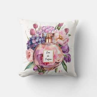 Coussin Elégante Bouteille de Parfum Aquarelle avec Fleurs