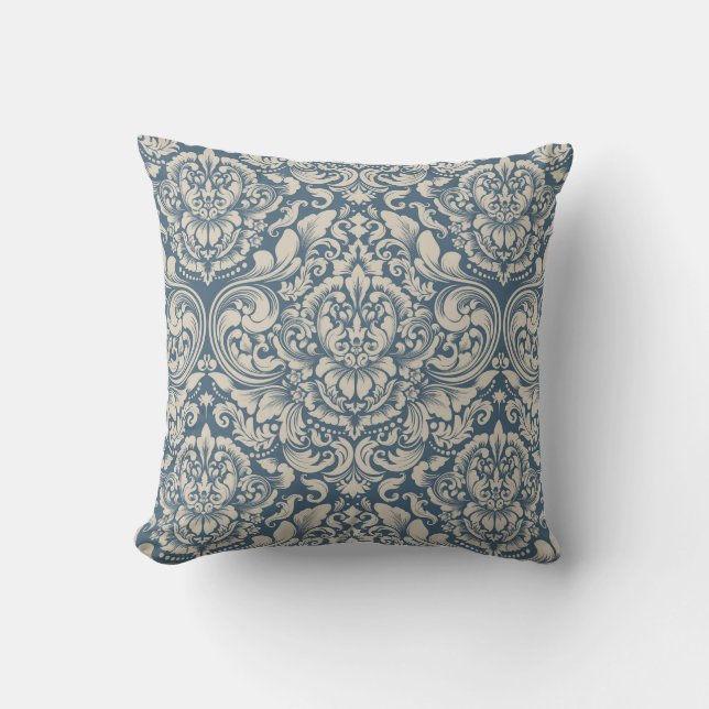 Coussin Elégante Brocade baroque bleu Damas sur blanc (Recto)