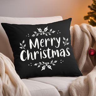 Coussin Élégante calligraphie Joyeux Noël Holly Berries