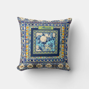 Coussin Élégante chine à carreaux bleu floral note monogra