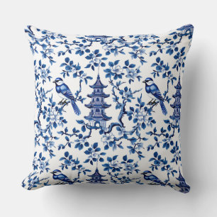 Coussin Elégante Chinoiserie Pagode et Oiseaux