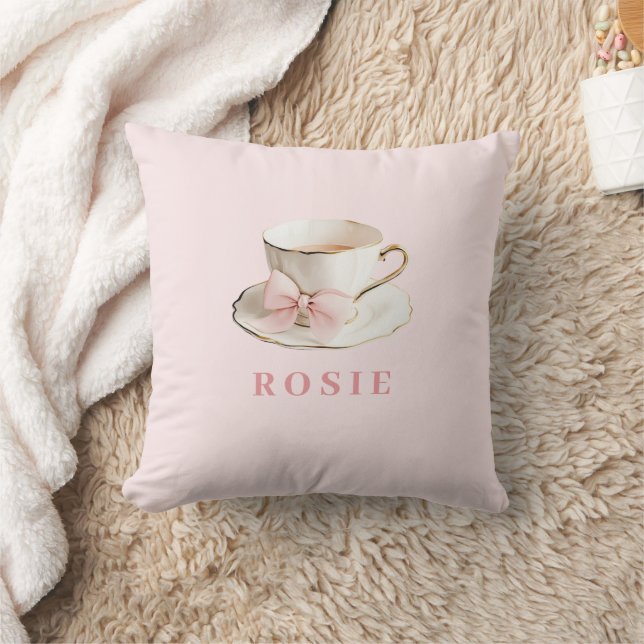 Coussin Elégante Coquette Preppy Pink Teacup avec Bow (Couverture)